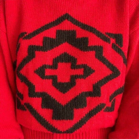 Vintage 80s Boundary Waters Red Wool Blend Geometric Retro Turtleneck Sweater - Picture 3 of 8